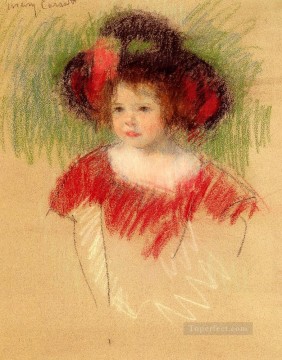 Margot In Big Bonnett And Red Dress mothers children Mary Cassatt Oil Paintings